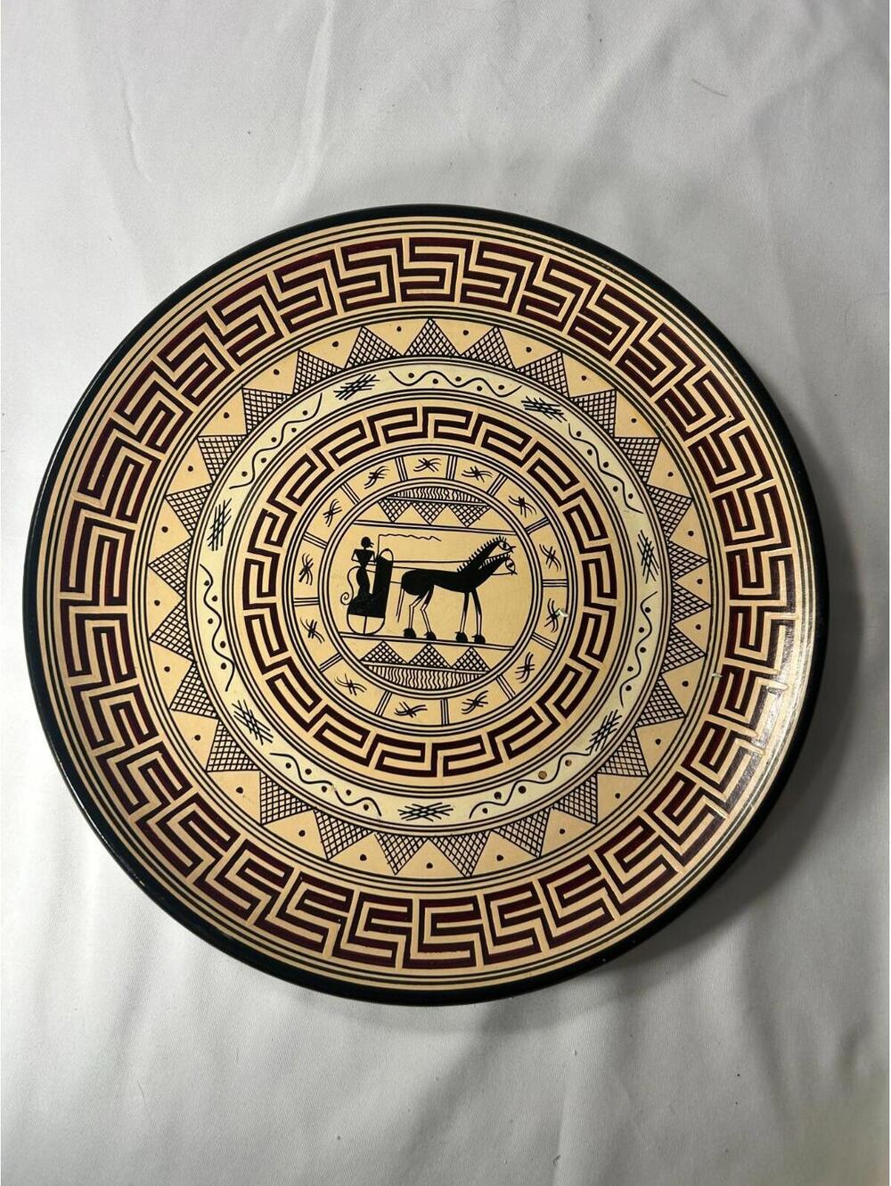 Vintage Greek Geometric 800 B.C. Style Chariot Plate Hand Painted Greece